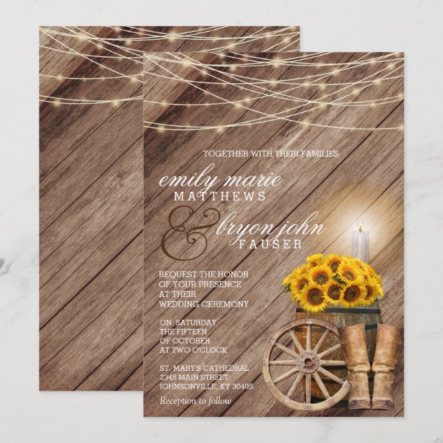 Invitation Pays rustique avec tonneau de bois et tournesols (Devant / Derrière)