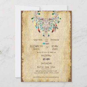 Invitation Pays rustique, Crâne de cerf, Plumes, Mariage
