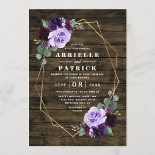 Invitation Pays Rustique Floral violet et Mariage or