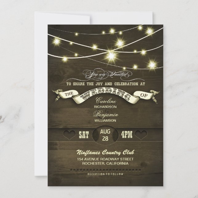 Invitation pays rustique lampes à cordes mariage de bois (Devant)