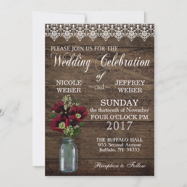 Invitation Pays rustique Maroon Mason Mariage campagnard Jar (Devant)