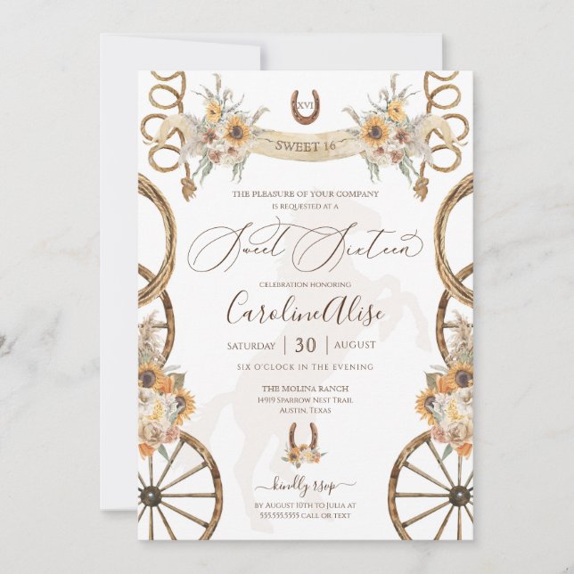 Invitation Pays rustique Ouest Sunflower Boho Sweet 16 (Devant)