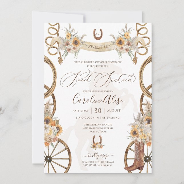 Invitation Pays rustique Ouest Sunflower Boho Sweet 16 (Devant)