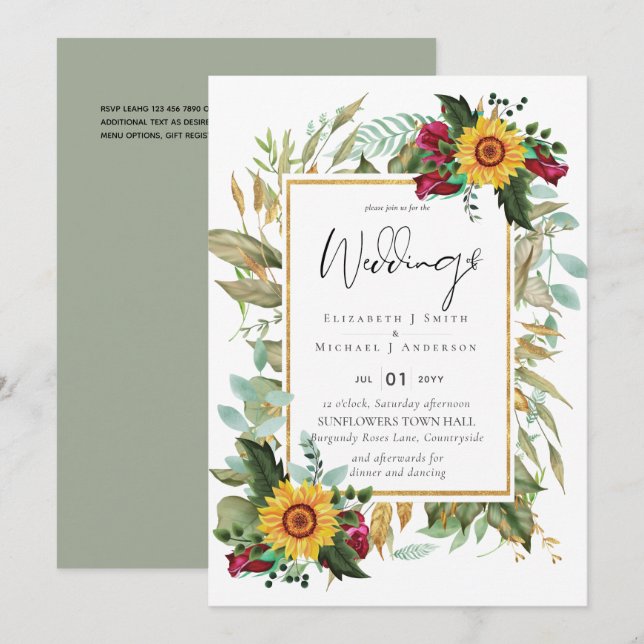 Invitation Pays Tournesols Rustiques Bourgogne Mariage Rose (Devant / Derrière)