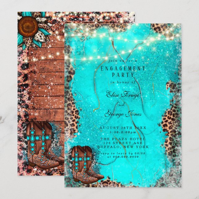Invitation Pays Turquoise Boots de Cowboy Partie d'engagement (Devant / Derrière)
