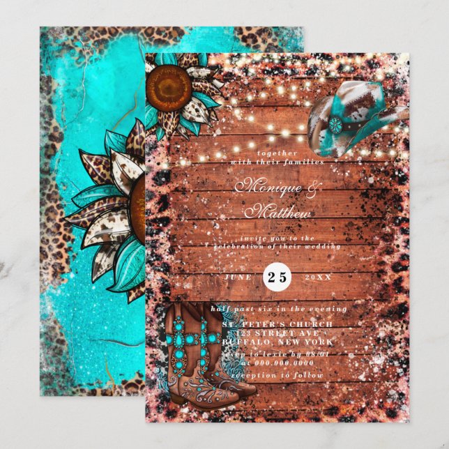 Invitation Pays Turquoise Lights Mariage Boots bois (Devant / Derrière)