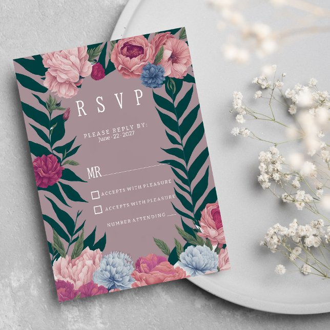 Invitation Pays vert foncé mauve rose floral RSVP (Country dark green mauve pink floral RSVP)
