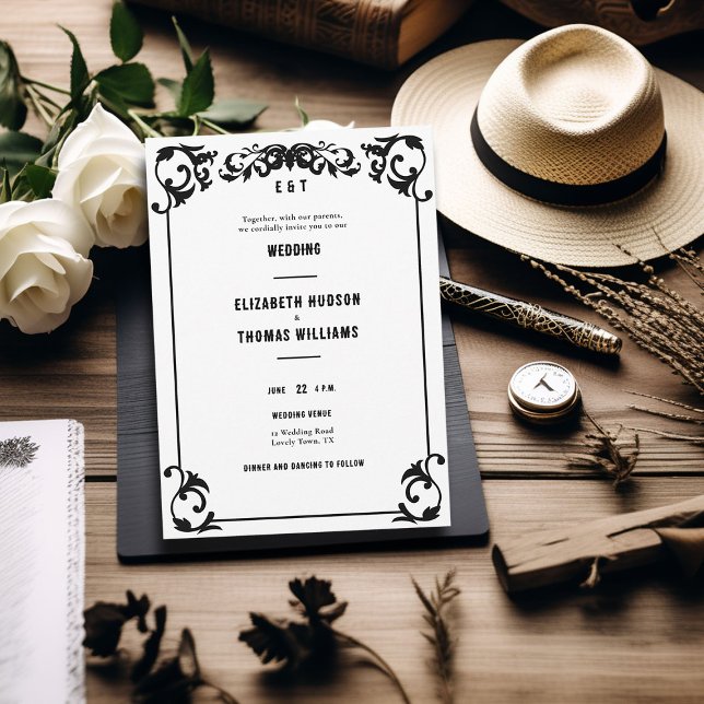 Invitation Pays Western Minimal noir blanc Mariage officiel (country western black white wedding invitation vintage frame elegant formal rustic ranch barn classy)