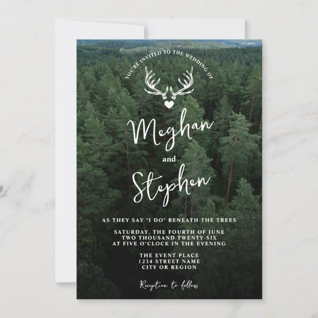 Invitation Paysage de forêt rustique avec mariage vert Cerf b (Devant)