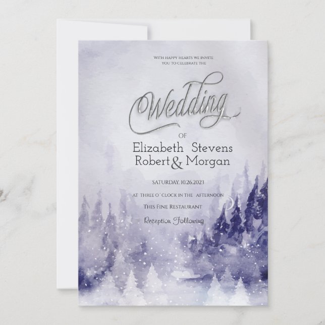 Invitation Paysage de mariage hivernal violet sous la neige (Devant)