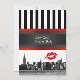 Invitation Paysage de NYC Bk Wht Strp Red Kiss Sweet 16 Party