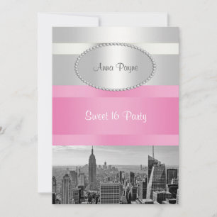 Invitation Paysage de NYC BW 05 Blanc, Rose Fête Douce 16 Par