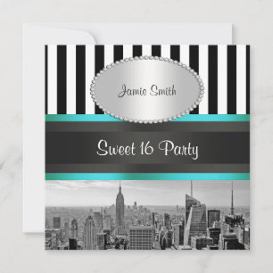 Invitation Paysage de NYC en noir et blanc avec rayures sarce