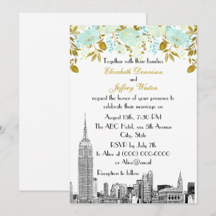 Invitation Paysage de NYC ESB Gravure Or Mint Floral Mariage