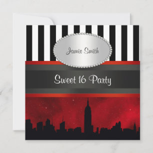 Invitation Paysage de NYC Sil Rouge Ciel Blk Wht Rayure P Swe