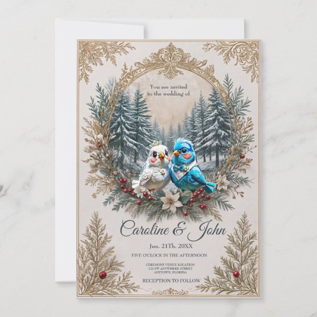 Invitation Paysage d'hiver avec couple mariage d'oiseaux mign (Devant)