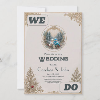 Invitation Paysage d'hiver avec couple mariage d'oiseaux mign