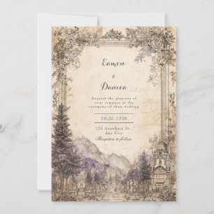 Invitation Paysage montagnard européen vintage pour mariage
