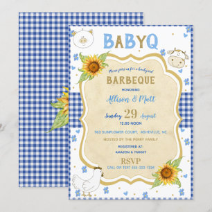 Invitation Paysage Tournesol Bleu Gingham Bébé Q Barbecue