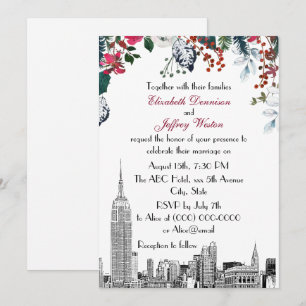 Invitation Paysage urbain de NYC ESB Gravure Burg Blu Floral 