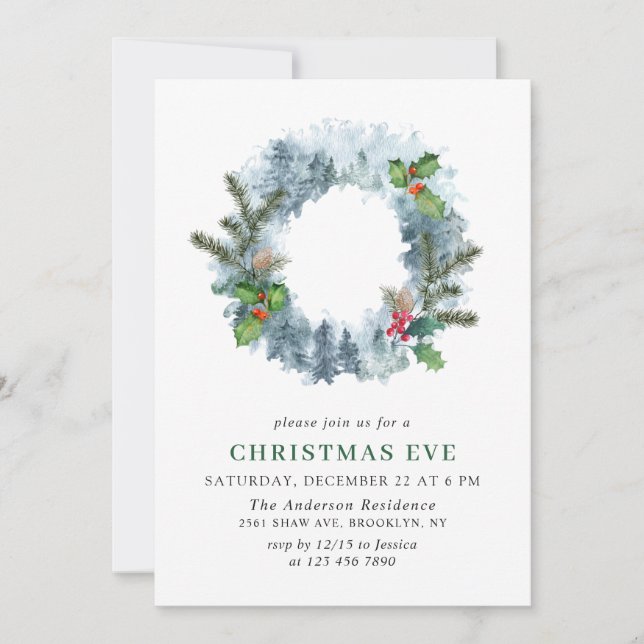 Invitation Paysage Wreath Christmas Holly Berry Eve (Devant)