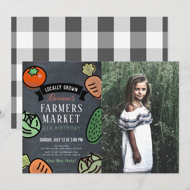 Invitation Paysans Marché Chalkboard Enfants Photo Anniversai (Devant / Derrière)