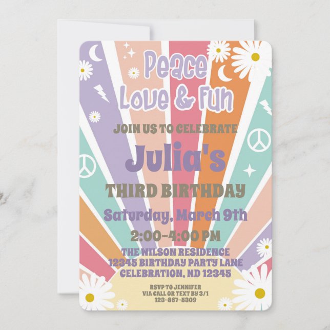 Invitation Peace Love & Fun Super Hippy Sun & Daisy Girl (Devant)