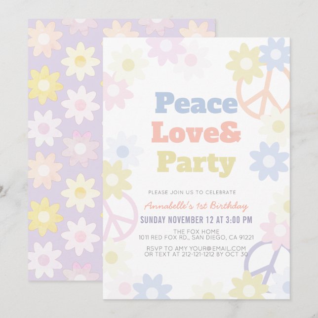 Invitation Peace Love & Party 1er anniversaire (Devant / Derrière)