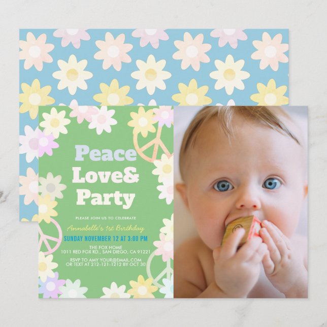 Invitation Peace Love & Party Green Photo 1er anniversaire (Devant / Derrière)
