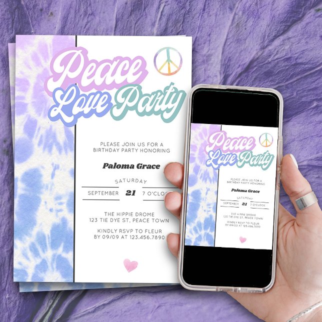 Invitation Peace Love Party Pastel Tie Dye Tout âge Anniversa (Peace Love Party Birthday Invitation for anyone of any age with vintage retro tie dye style)