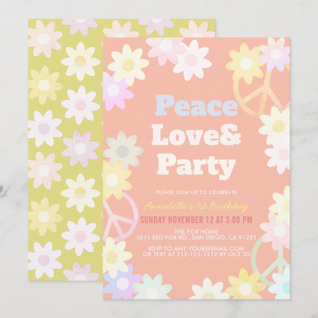 Invitation Peace Love & Party Pink 1er anniversaire Invitatio (Devant / Derrière)