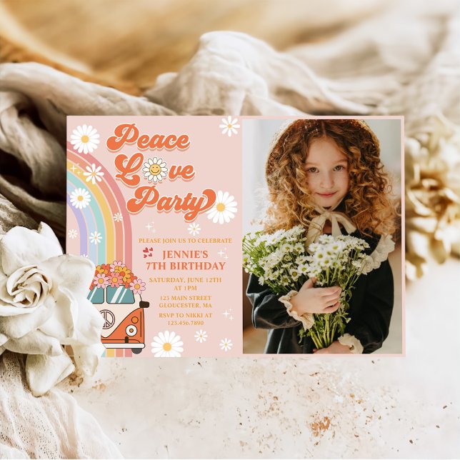 Invitation Peace Love Party Retro Rainbow 7th Birthday Photo (Créateur téléchargé)