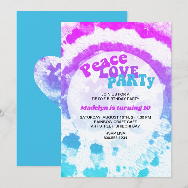 Invitation Peace Love Party Rose Turquoise Tie Dye Anniversai (Devant / Derrière)