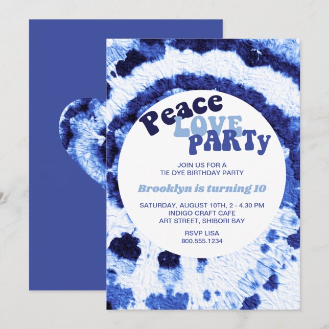Invitation Peace Love Party Shibori Blue Tie Dye anniversaire (Devant / Derrière)