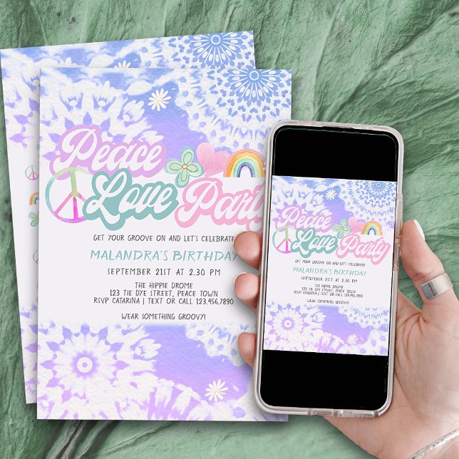 Invitation Peace Love Party Super Pastel Tie Dye Anniversaire (Peace Love Party invitation with groovy tie dye mandalas and flower power icons)