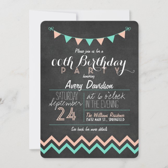 Invitation Peach and Mint Green Chalkboard fête d'anniversair (Devant)