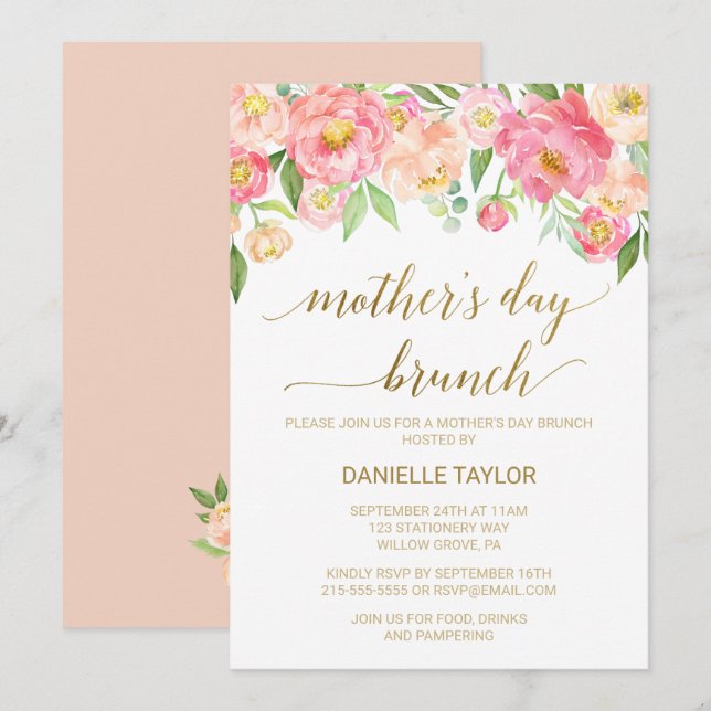 Invitation Peach and Pink Peony Flowers Mère's Day Brunch (Devant / Derrière)