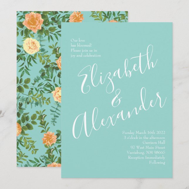 Invitation Peach & Aqua Peony & Rose Floral Mariage (Devant / Derrière)