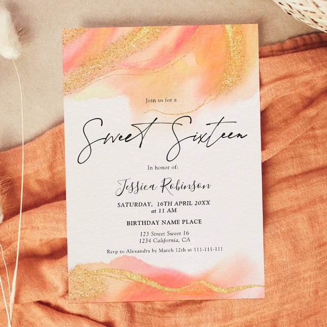 Invitation Peach aquarelle or parties scintillant photo Sweet (Créateur téléchargé)