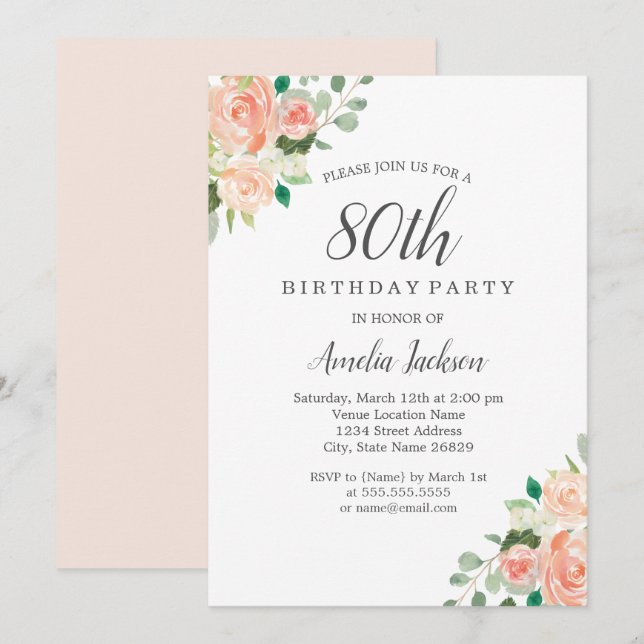 Invitation Peach Blush Aquarelle Floral 80e fête d'anniversai (Devant / Derrière)