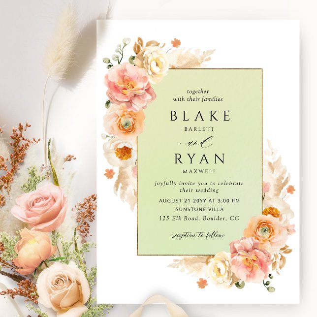 Invitation Peach, Blush Cream et Green Floral Chic Mariage I (Créateur téléchargé)