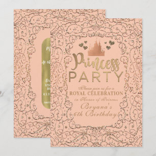 Invitation Peach Blush Gold Castle PRINCESS Fête Anniversaire