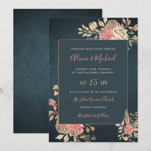 Invitation Peach Blush Moody Floral Daral Navy Mariage bleu