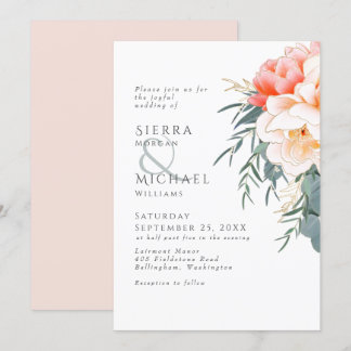 Invitation Peach Blush Pink Peony Eucalyptus Mariage de verdu