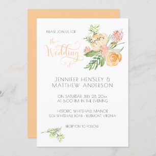 Invitation Peach Blush Rose or Aquarelle Mariage Floral  