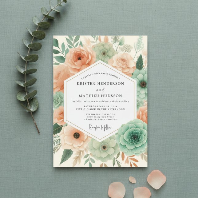 Invitation Peach Botanical Flourish Wedding (Créateur téléchargé)