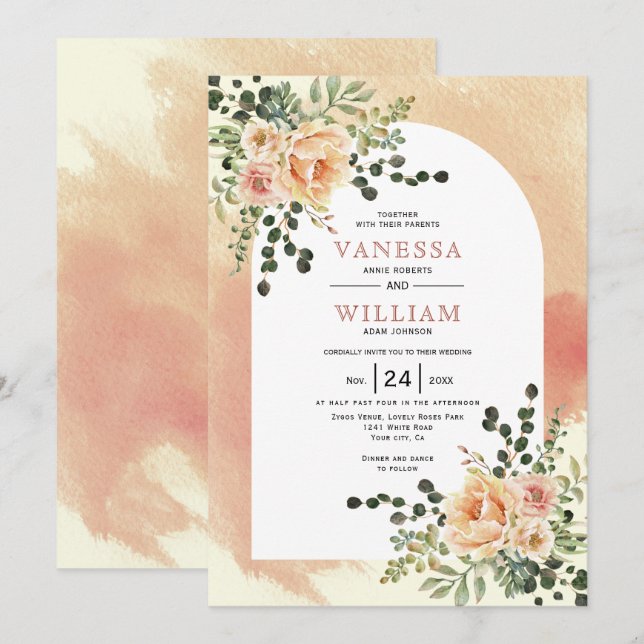 Invitation Peach cactus fleurs doux mariage arche en terre cu (Devant / Derrière)