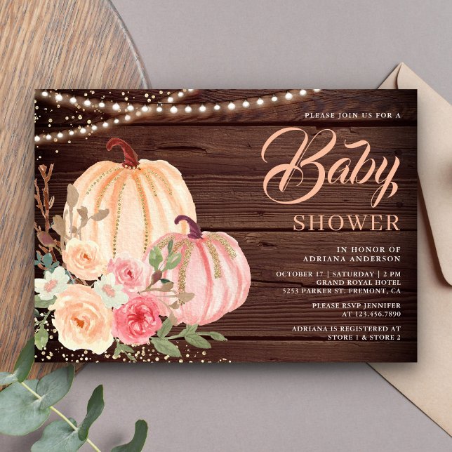 Invitation Peach Citrouille Floral Grange Baby shower en bois (Créateur téléchargé)