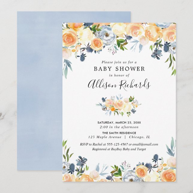 Invitation Peach coral blue floral girl baby shower (Devant / Derrière)