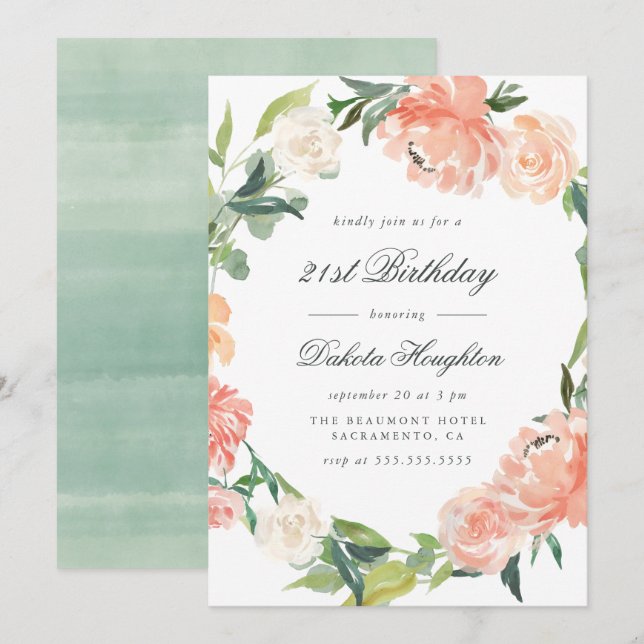 Invitation Peach & Cream Aquarelle Florale Anniversaire (Devant / Derrière)